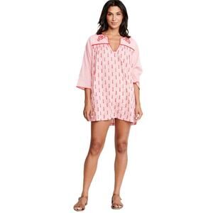 Pink chicken embroidered‎ tunic coverup, peony
